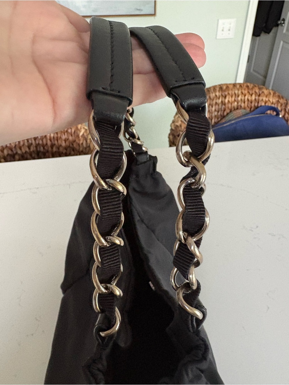 Salvatore Ferragamo Black Nylon Shoulder Bag with Chain-Detail Handles - Picture 3 of 13